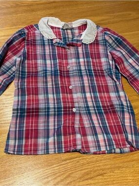 Vintage Break Out Girls' Plaid Button-Up Top with Scallop Collar - size 8